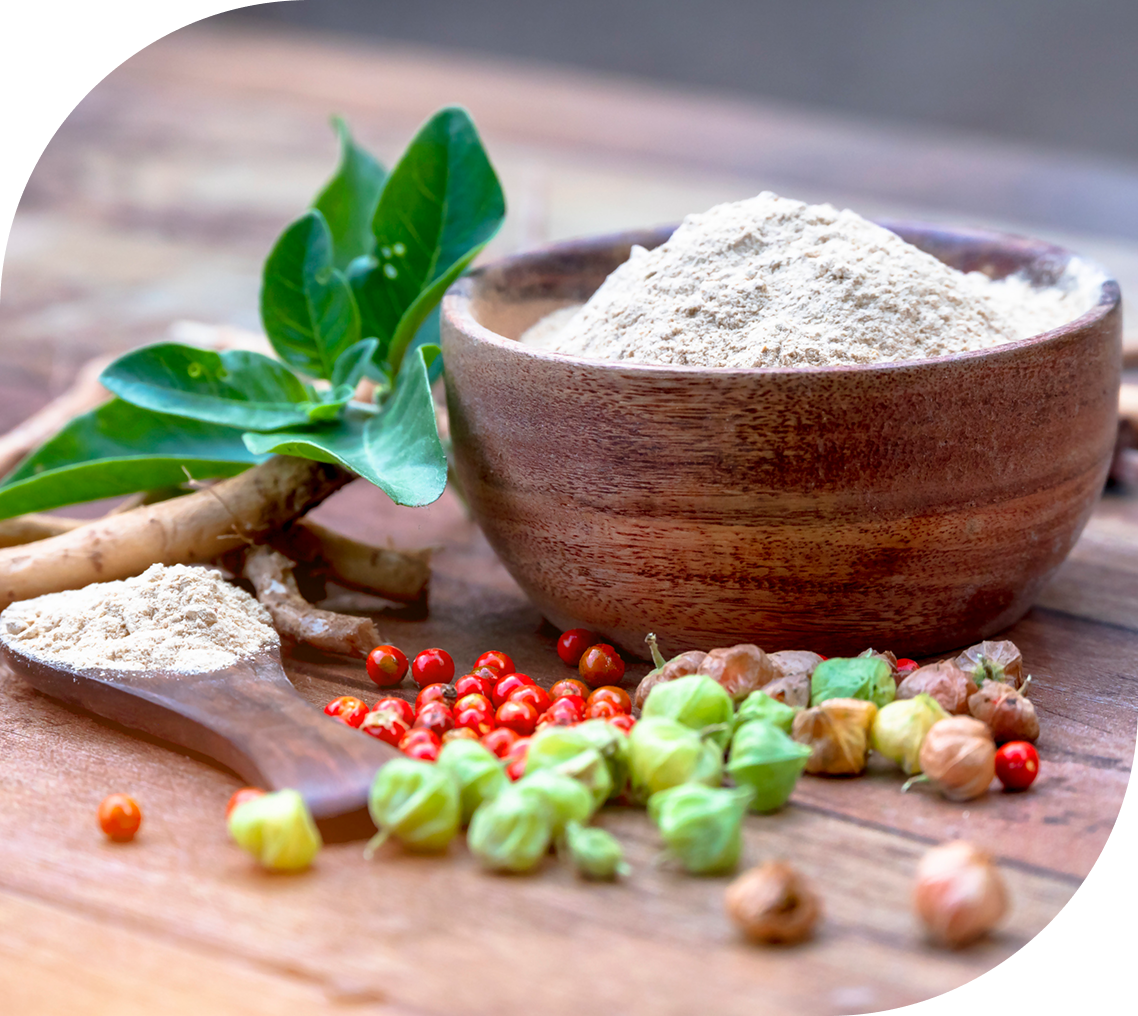 Herbal powder and colorful spices on table